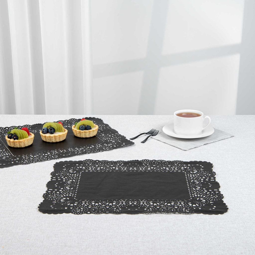 Pastry Tek Rectangle Black Paper Doilies - Lace - 15 3/4" x 12" - 100 count box