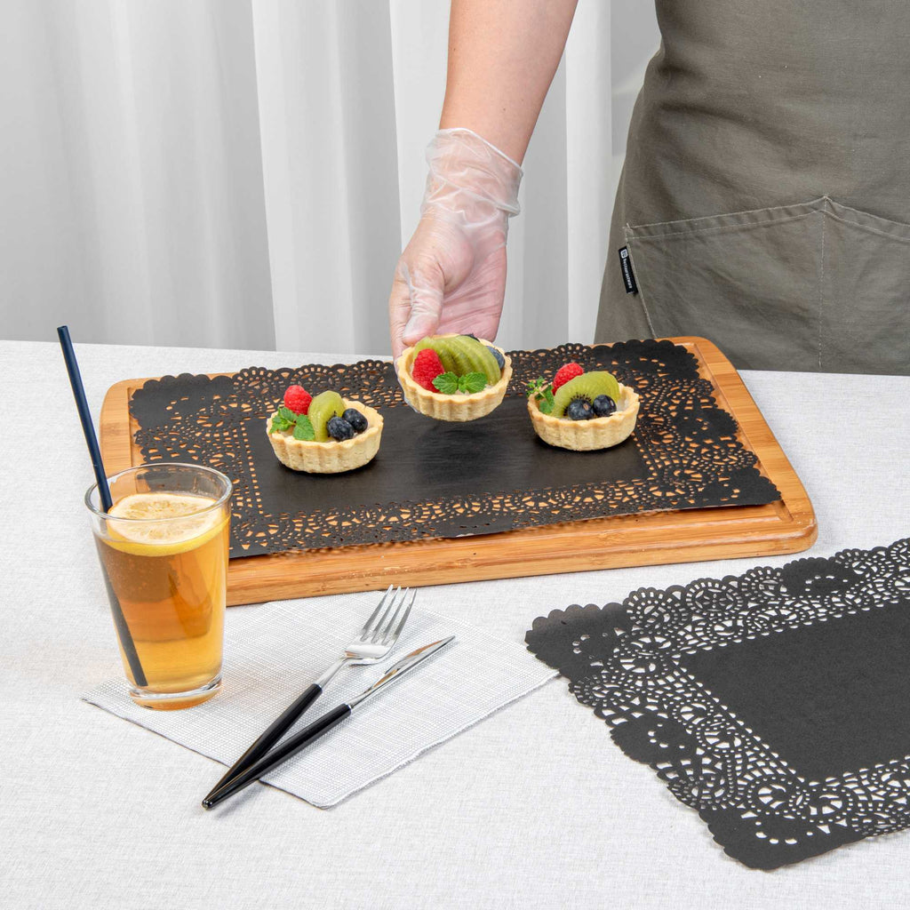 Pastry Tek Rectangle Black Paper Doilies - Lace - 15 3/4" x 12" - 100 count box