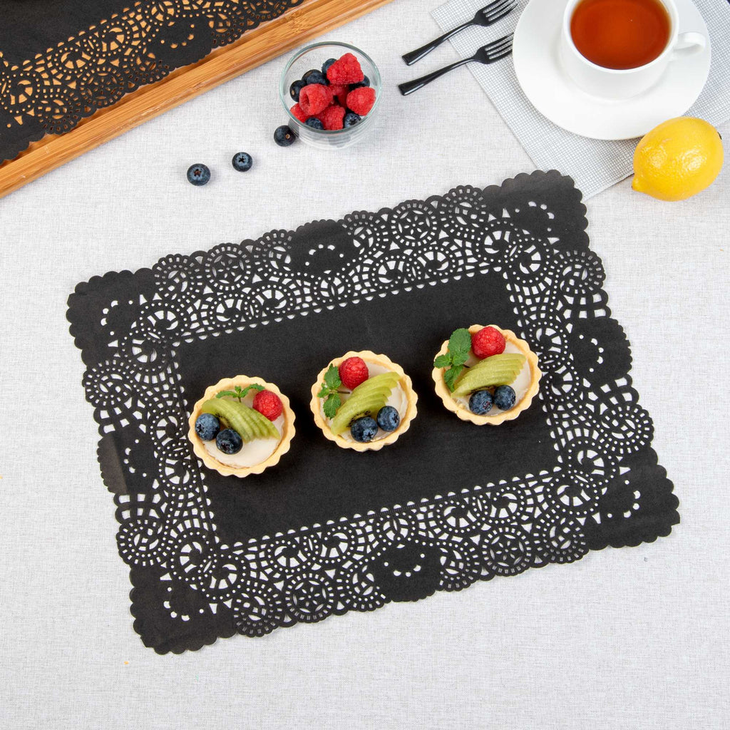 Pastry Tek Rectangle Black Paper Doilies - Lace - 15 3/4" x 12" - 100 count box