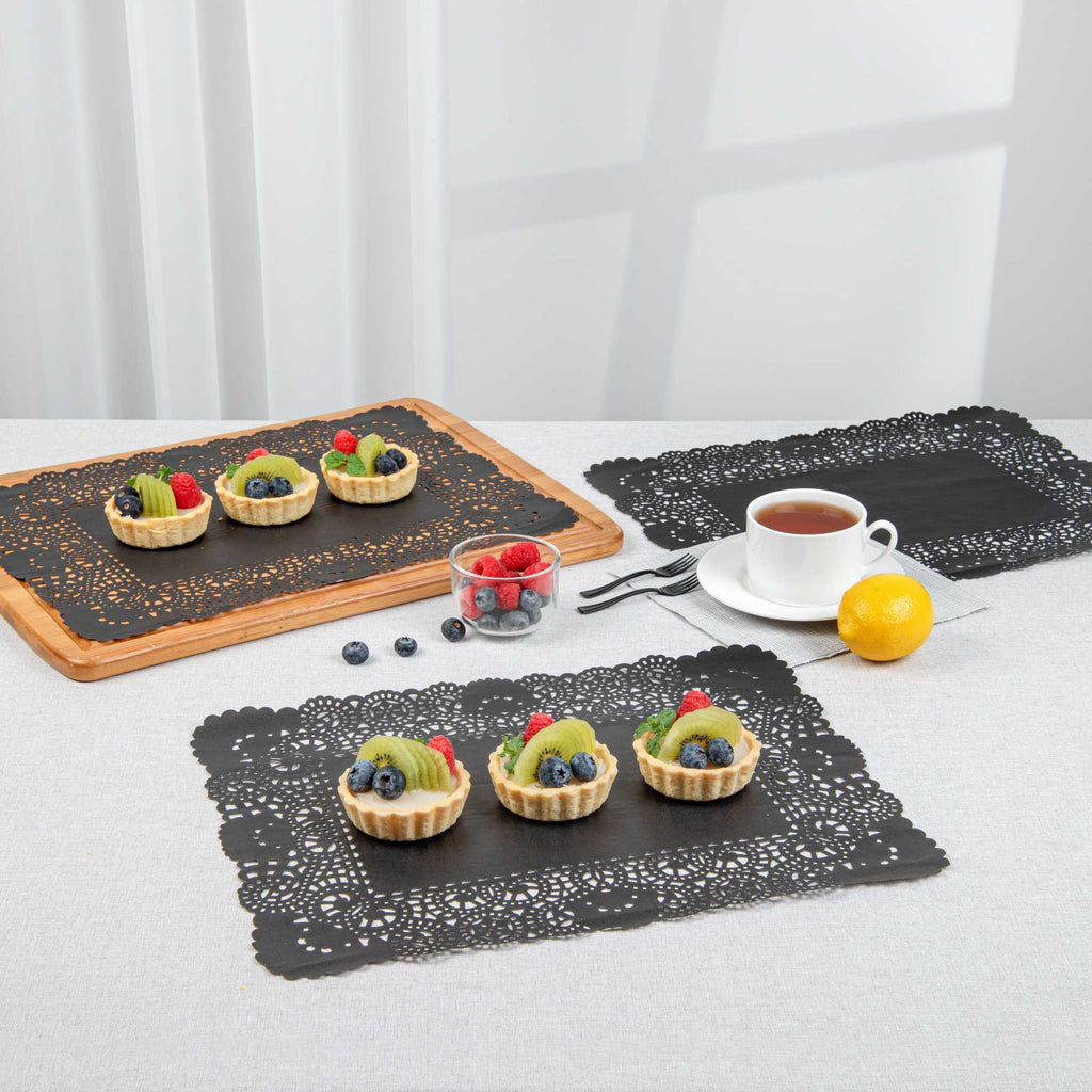 Pastry Tek Rectangle Black Paper Doilies - Lace - 15 3/4" x 12" - 4000 count box