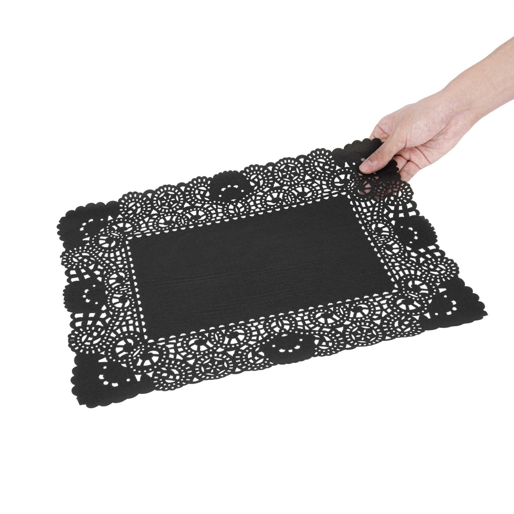 Pastry Tek Rectangle Black Paper Doilies - Lace - 15 3/4" x 12" - 4000 count box