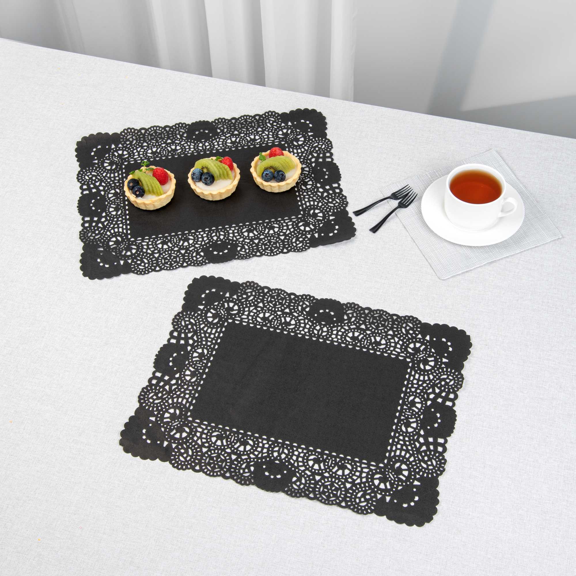 Pastry Tek Rectangle Black Paper Doilies - Lace - 15 3/4" x 12" - 4000 count box