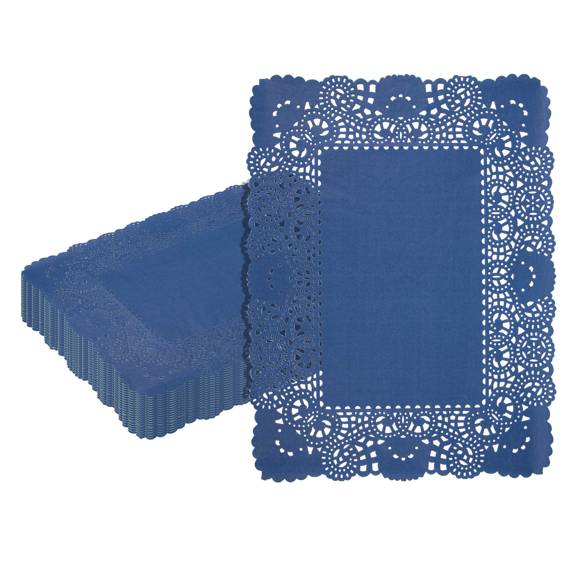 Pastry Tek Rectangle Navy Blue Paper Doilies - Lace - 15 3/4" x 12" - 100 count box