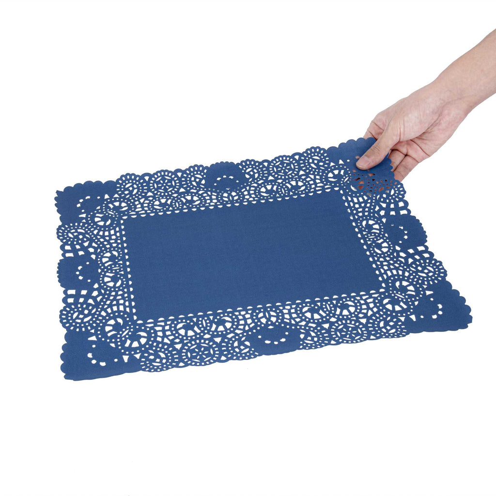 Pastry Tek Rectangle Navy Blue Paper Doilies - Lace - 15 3/4" x 12" - 100 count box