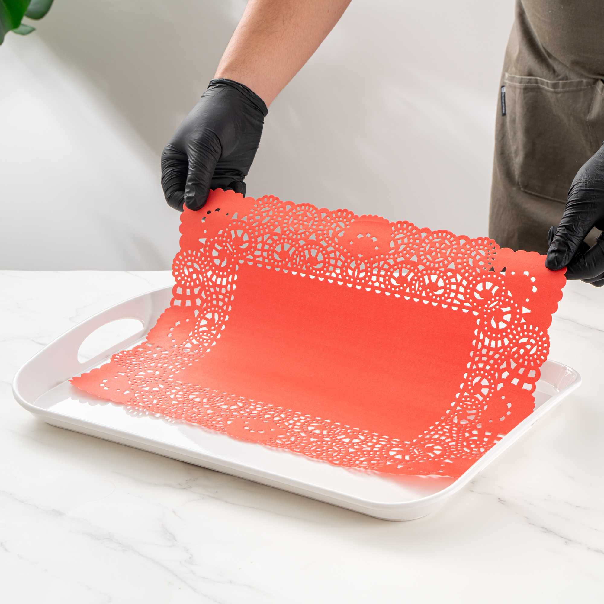 Pastry Tek Rectangle Red Paper Doilies - Lace - 15 3/4" x 12" - 100 count box