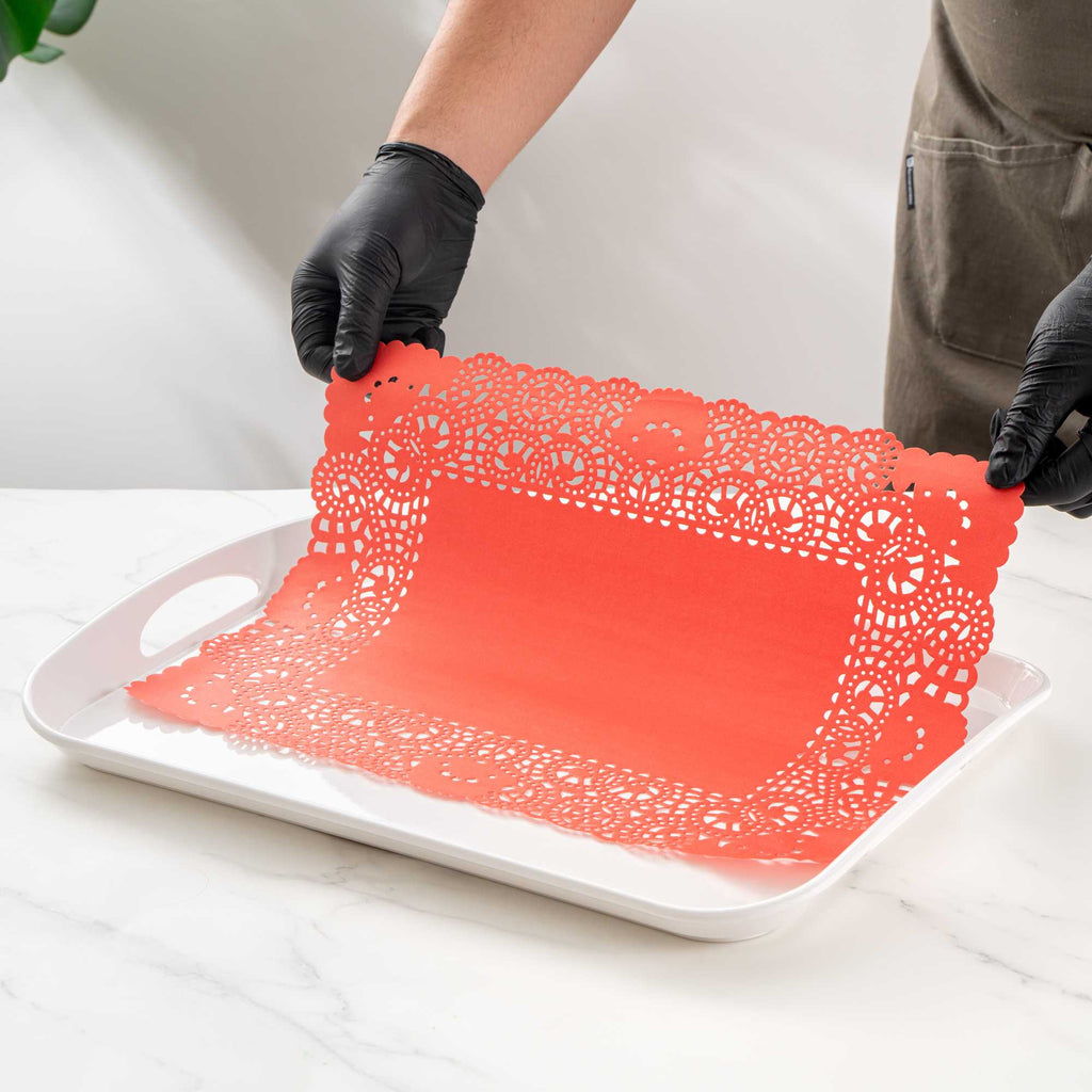 Pastry Tek Rectangle Red Paper Doilies - Lace - 15 3/4" x 12" - 4000 count box