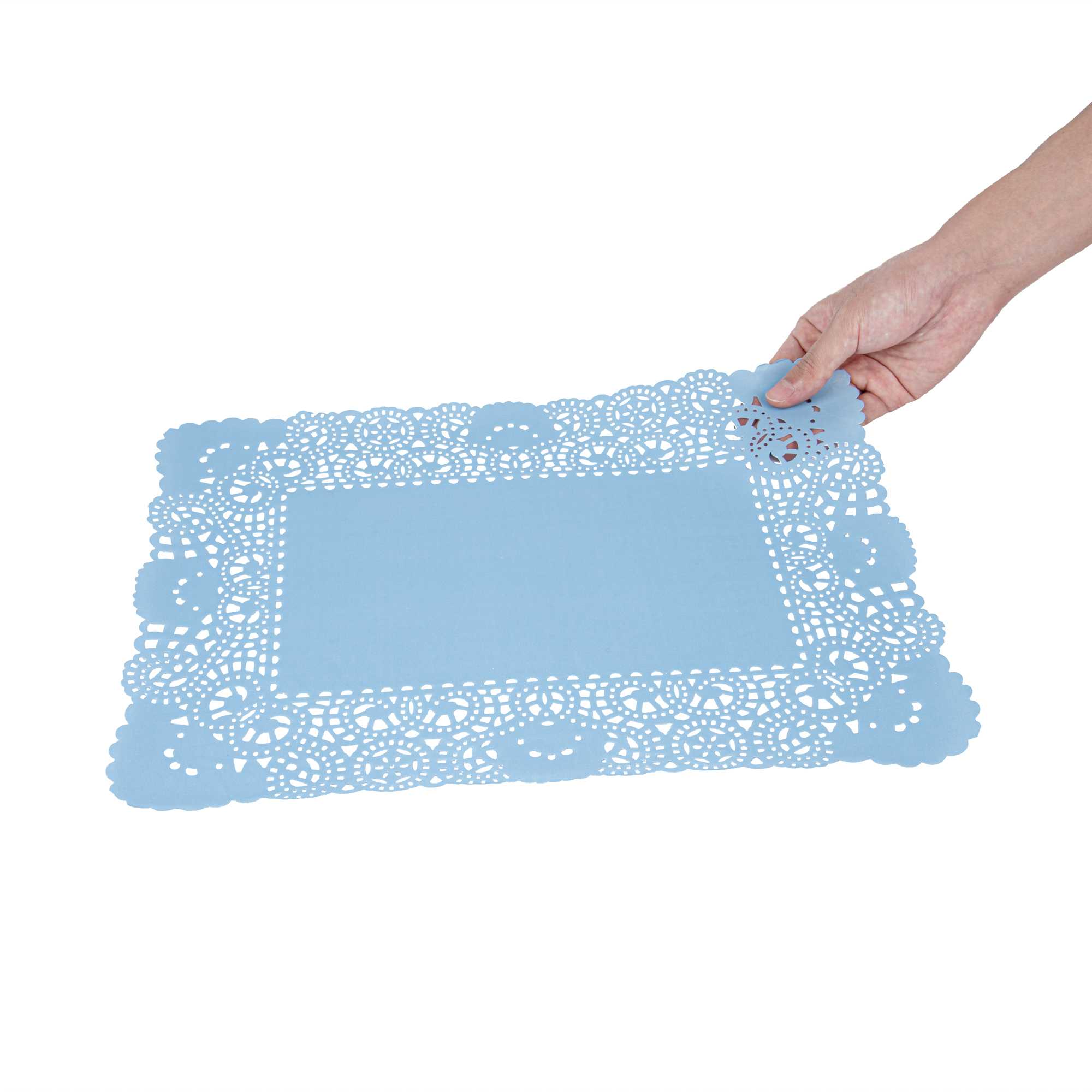 Pastry Tek Rectangle Sky Blue Paper Doilies - Lace - 15 3/4" x 12" - 4000 count box