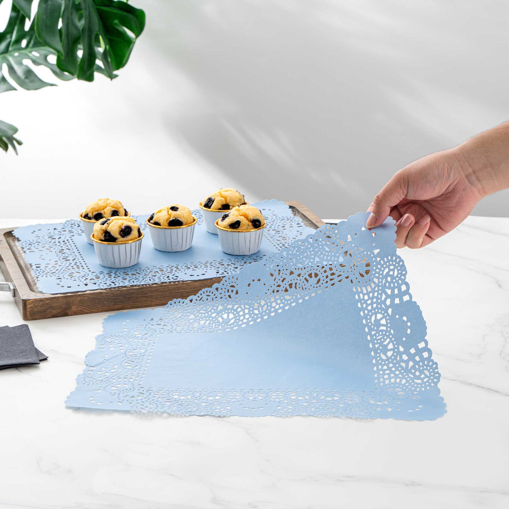 Pastry Tek Rectangle Sky Blue Paper Doilies - Lace - 15 3/4" x 12" - 4000 count box