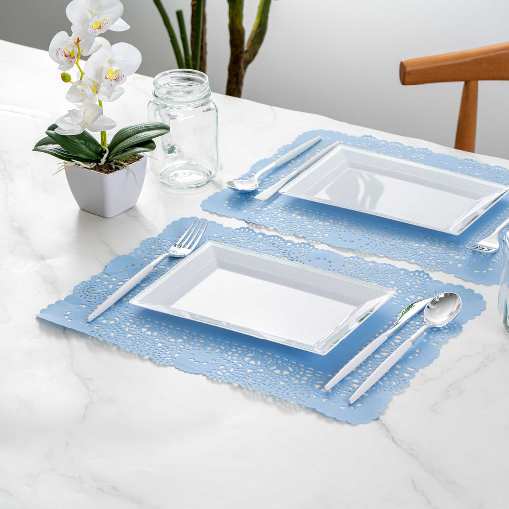 Pastry Tek Rectangle Sky Blue Paper Doilies - Lace - 15 3/4" x 12" - 4000 count box