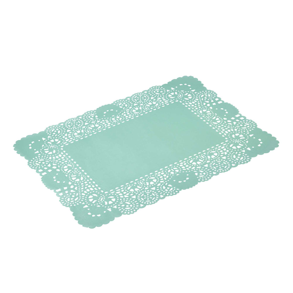 Pastry Tek Rectangle Teal Paper Doilies - Lace - 15 3/4" x 12" - 100 count box