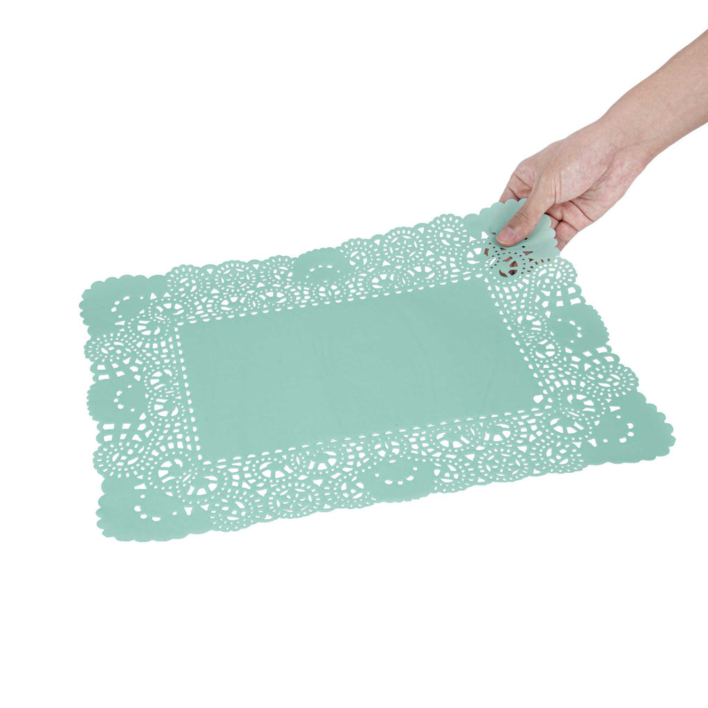 Pastry Tek Rectangle Teal Paper Doilies - Lace - 15 3/4" x 12" - 100 count box