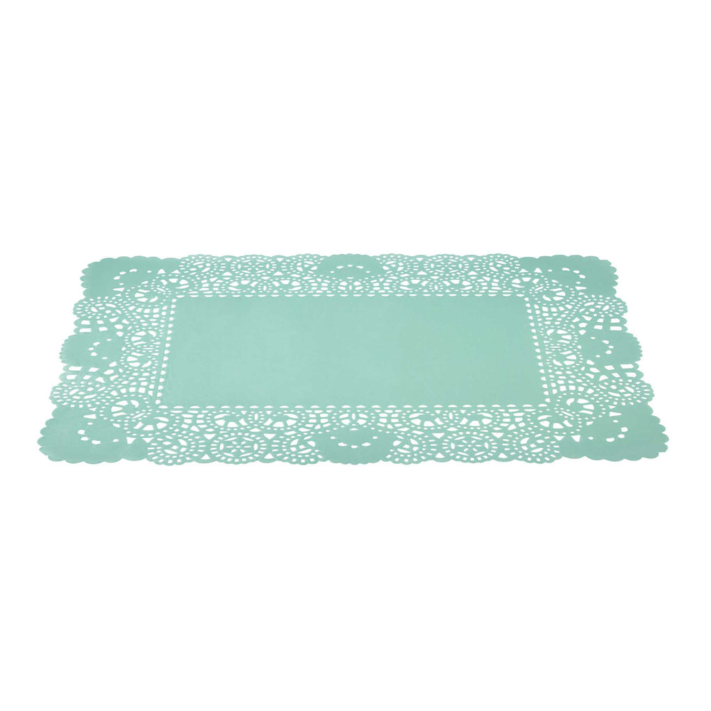 Pastry Tek Rectangle Teal Paper Doilies - Lace - 15 3/4" x 12" - 100 count box