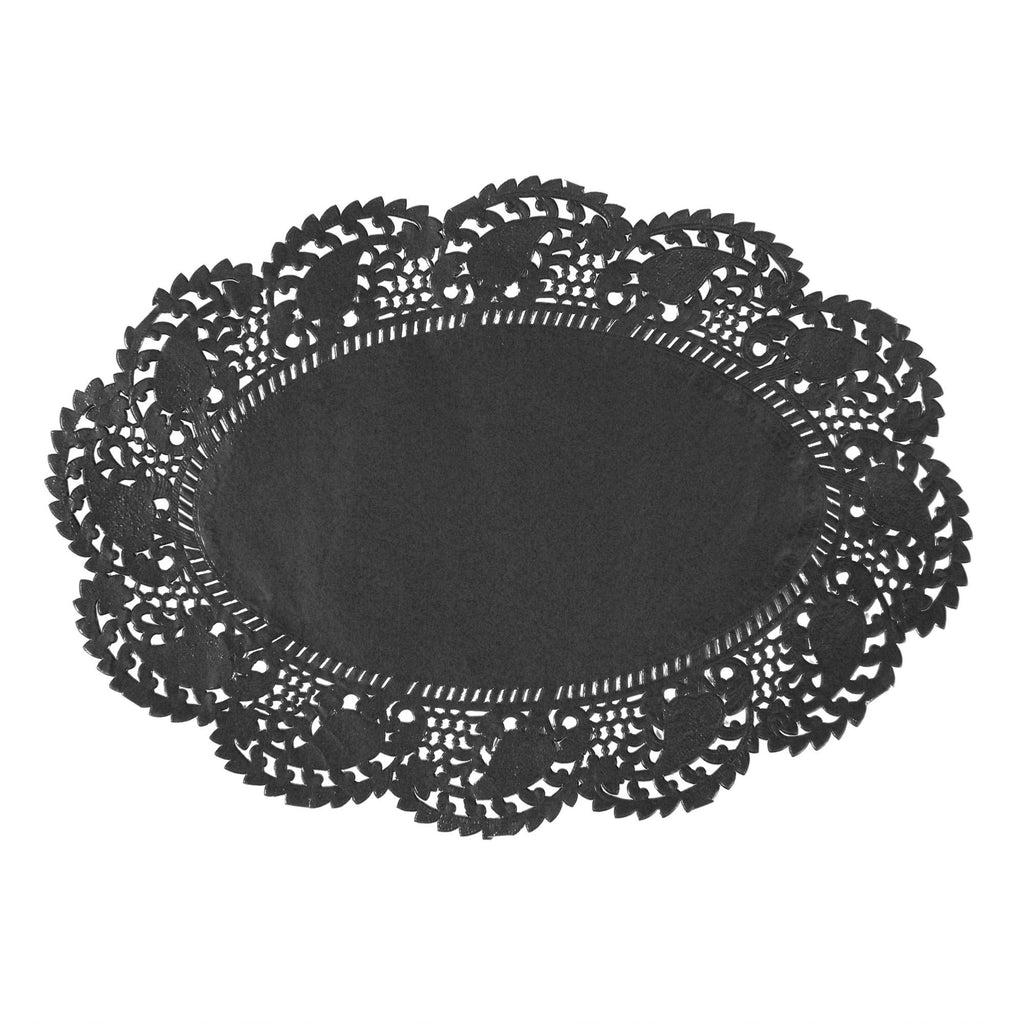 Pastry Tek Oval Black Paper Doilies - Lace - 9" x 6 1/2" - 100 count box