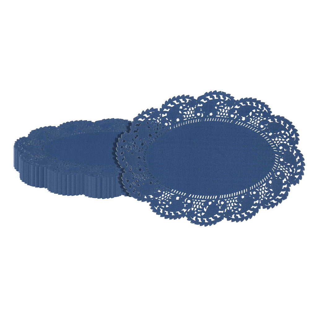 Pastry Tek Oval Navy Blue Paper Doilies - Lace - 9" x 6 1/2" - 4000 count box