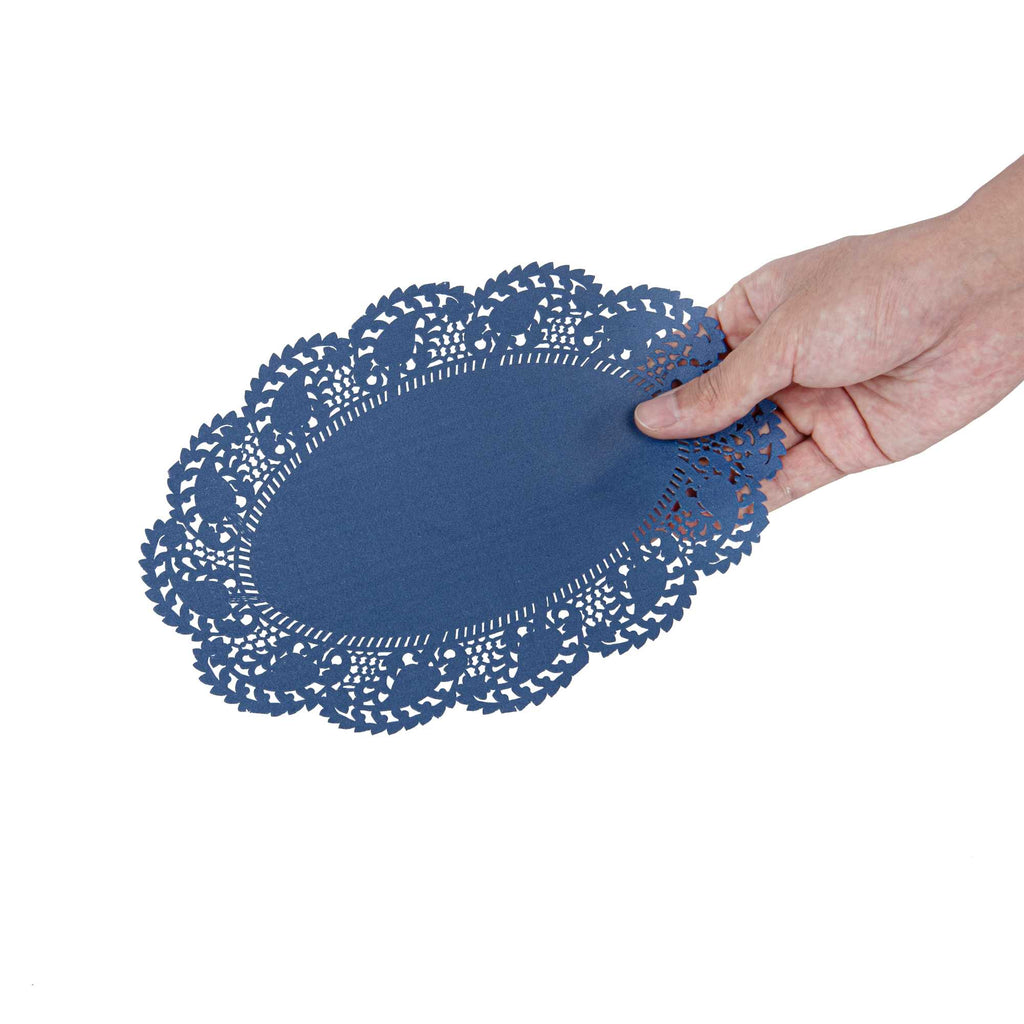 Pastry Tek Oval Navy Blue Paper Doilies - Lace - 9" x 6 1/2" - 4000 count box