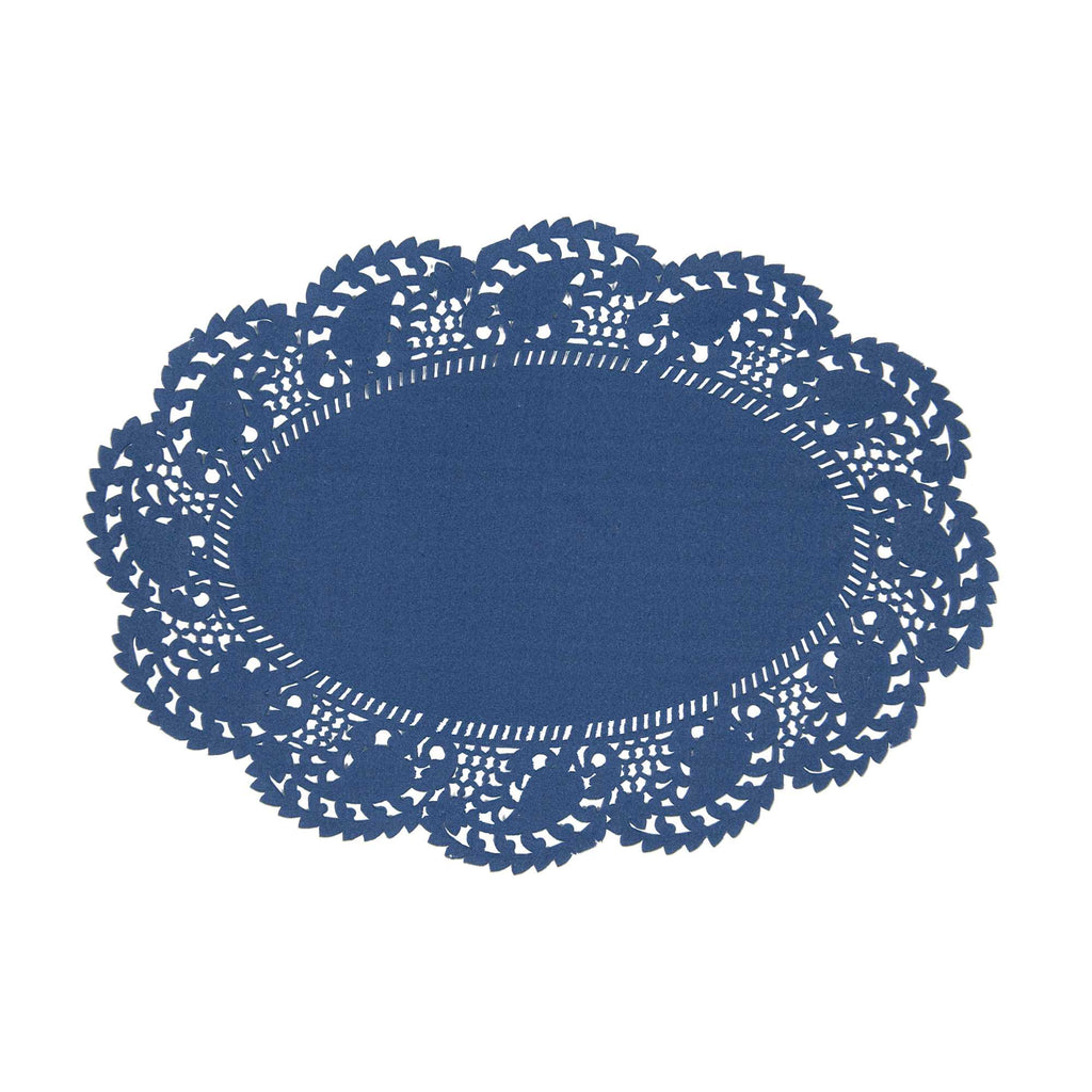 Pastry Tek Oval Navy Blue Paper Doilies - Lace - 9" x 6 1/2" - 4000 count box