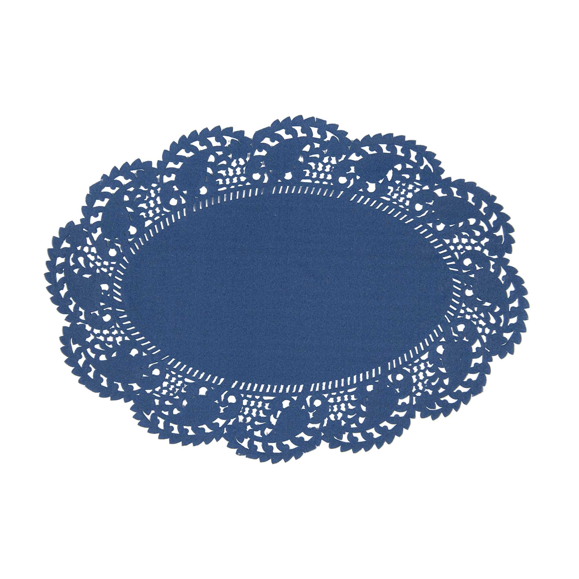 Pastry Tek Oval Navy Blue Paper Doilies - Lace - 9" x 6 1/2" - 4000 count box