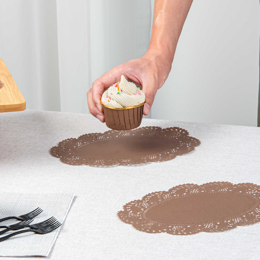 Pastry Tek Oval Brown Paper Doilies - Lace - 9" x 6 1/2" - 100 count box