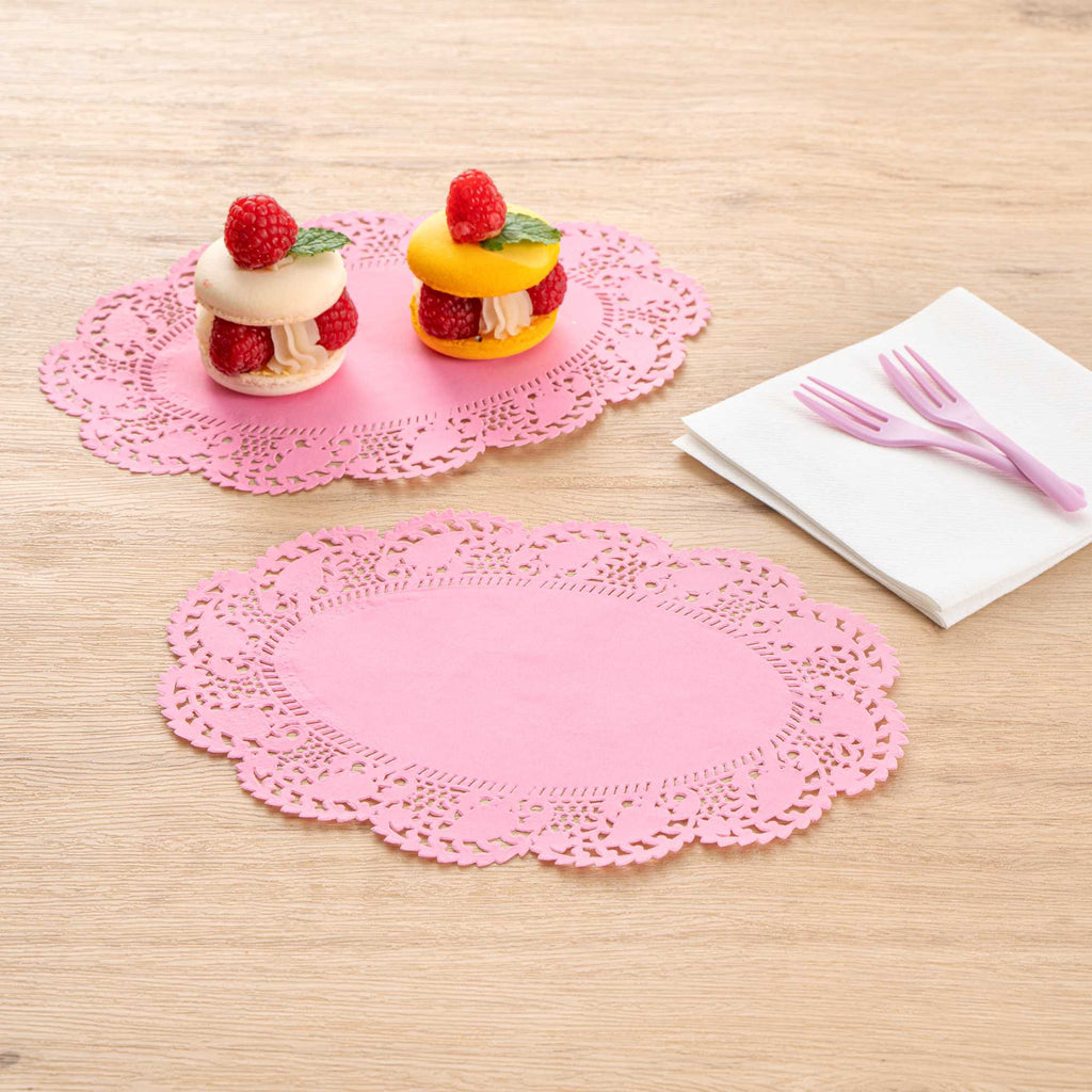 Pastry Tek Oval Pink Paper Doilies - Lace - 9" x 6 1/2" - 100 count box
