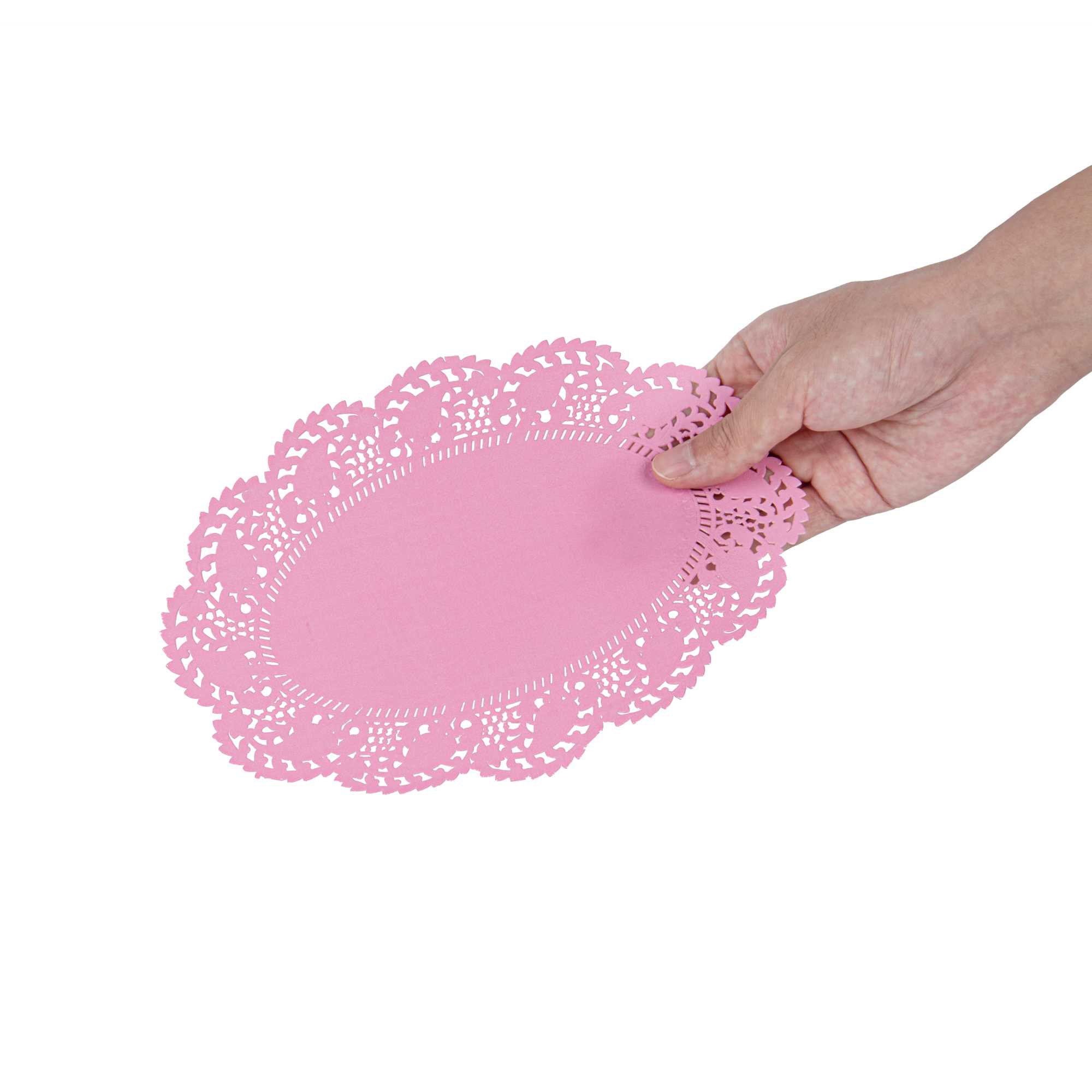 Pastry Tek Oval Pink Paper Doilies - Lace - 9" x 6 1/2" - 4000 count box