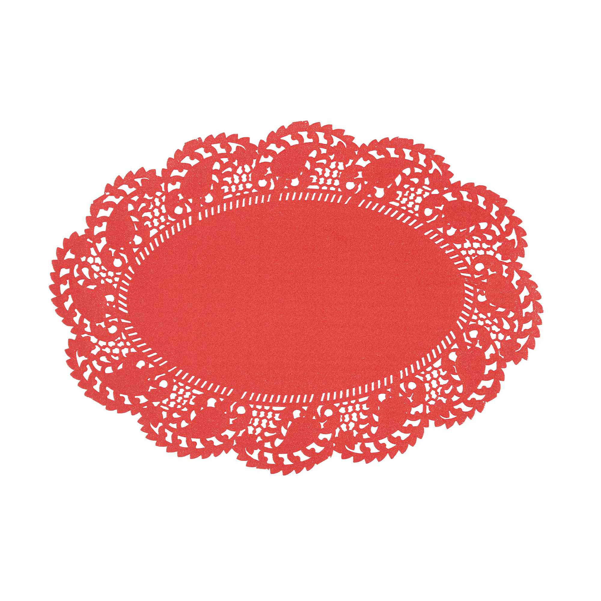 Pastry Tek Oval Red Paper Doilies - Lace - 9" x 6 1/2" - 100 count box