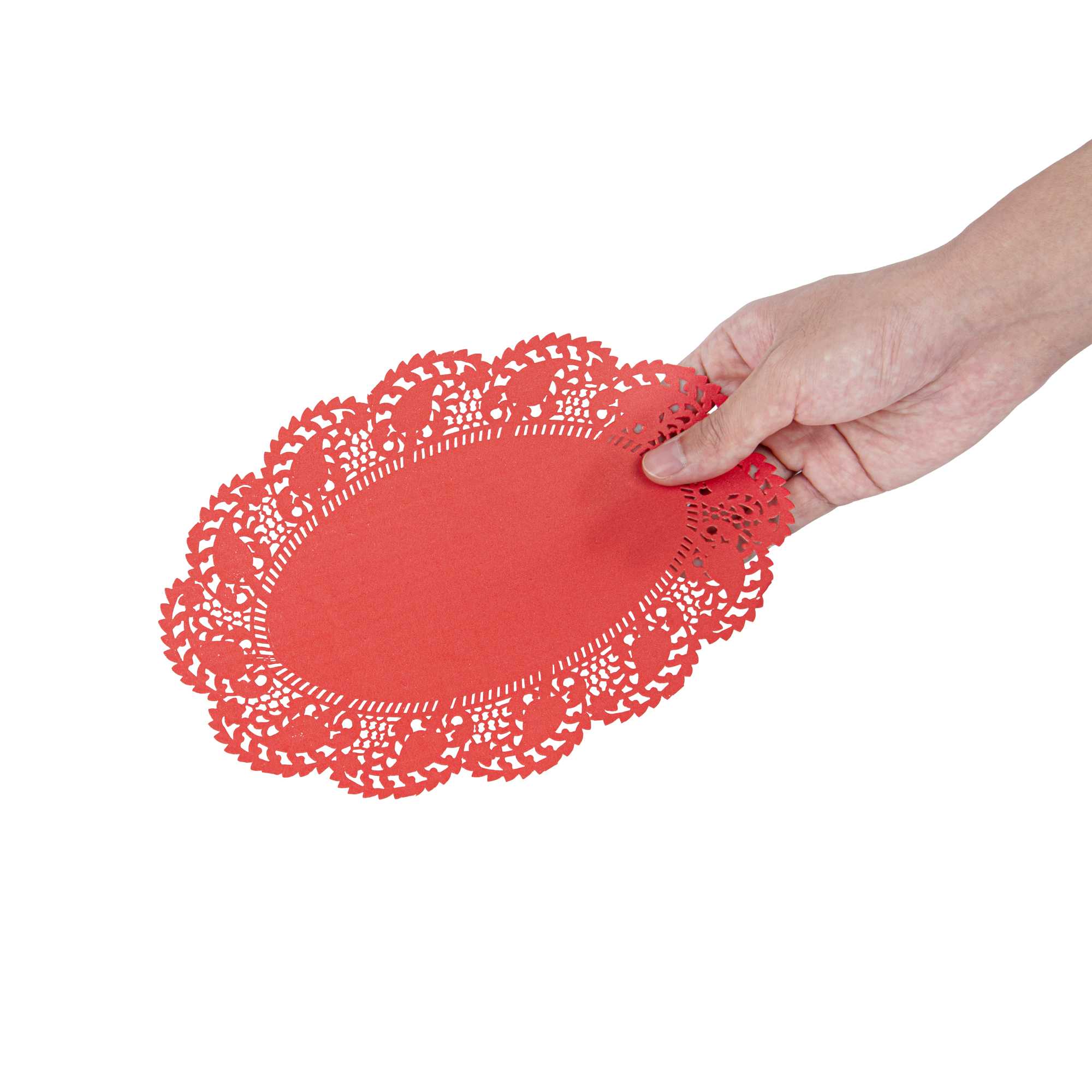 Pastry Tek Oval Red Paper Doilies - Lace - 9" x 6 1/2" - 4000 count box
