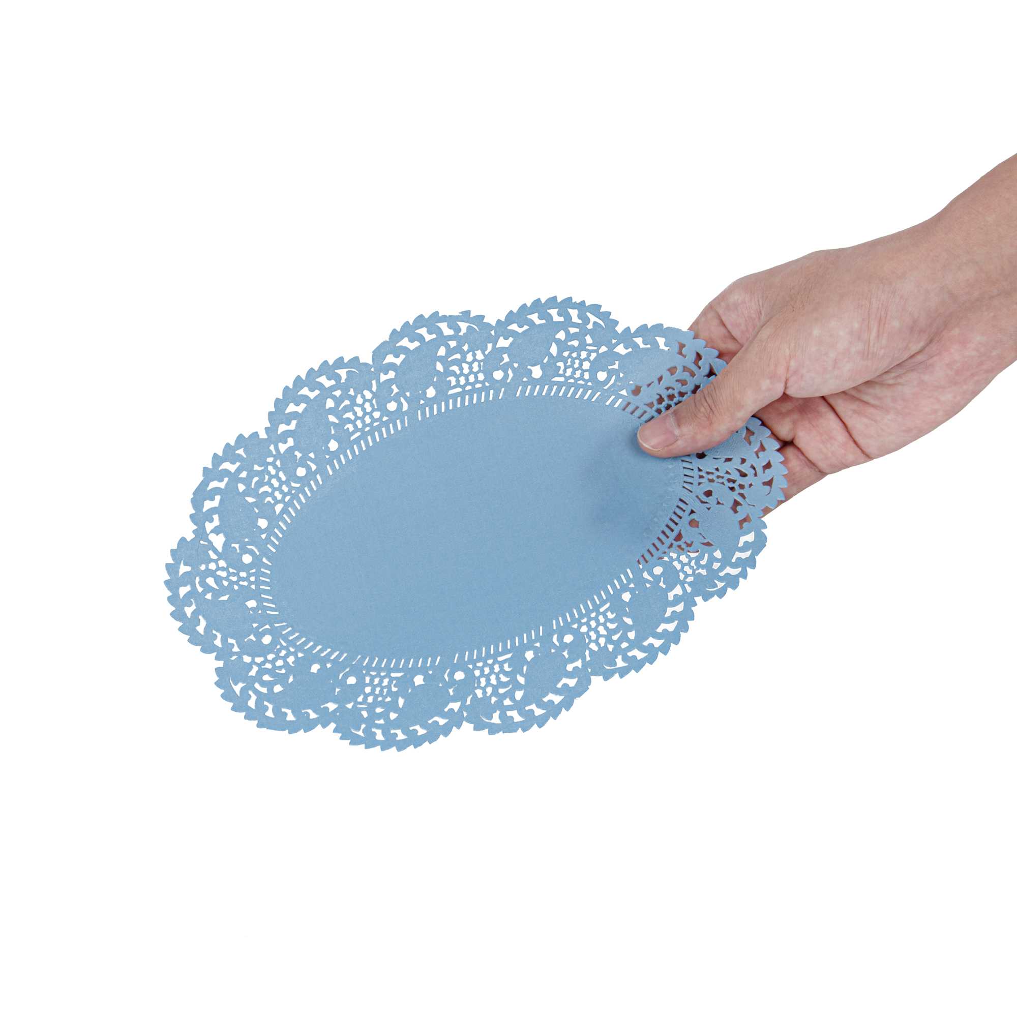 Pastry Tek Oval Sky Blue Paper Doilies - Lace - 9" x 6 1/2" - 4000 count box