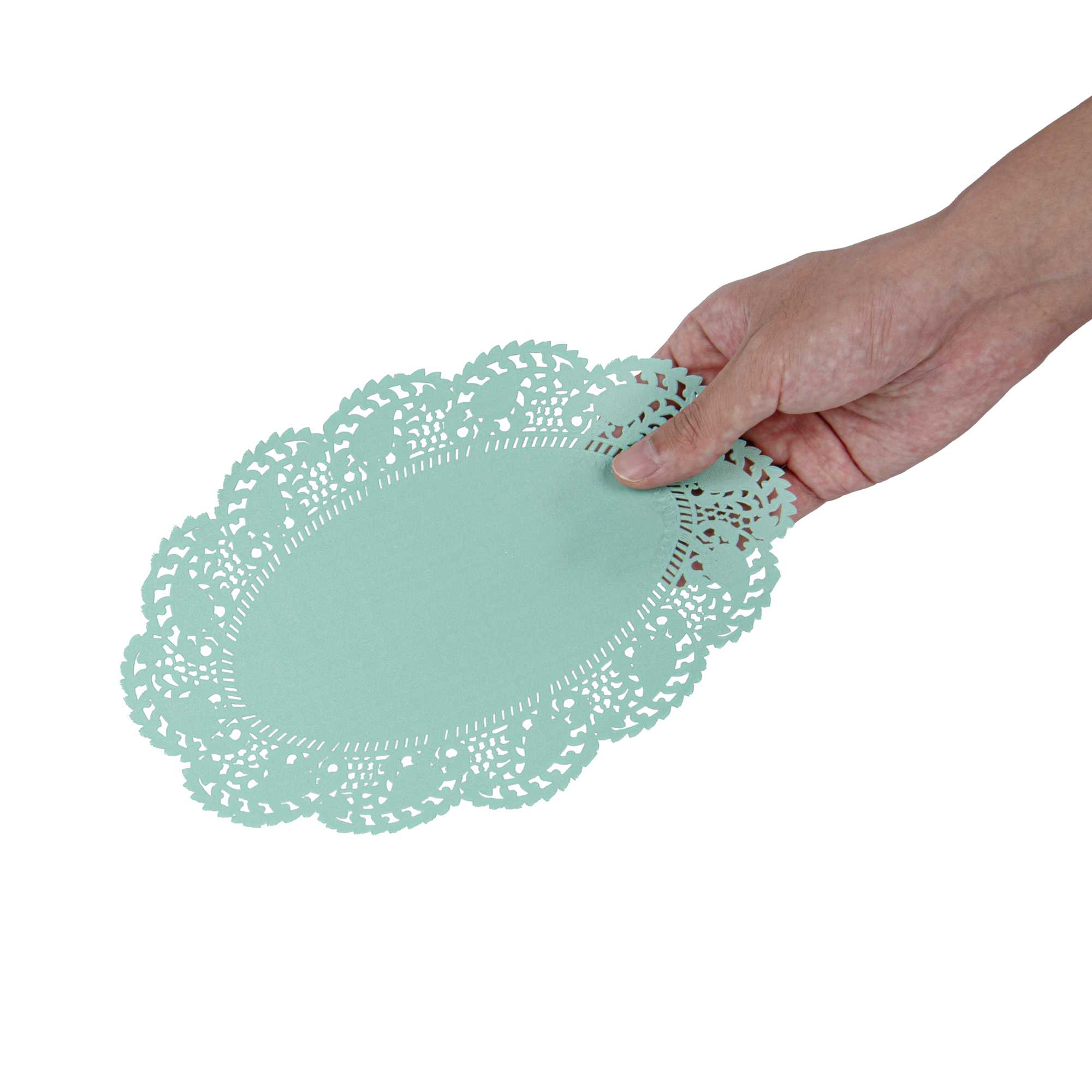 Pastry Tek Oval Teal Paper Doilies - Lace - 9" x 6 1/2" - 100 count box