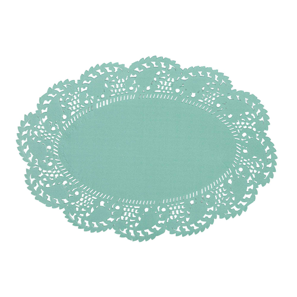 Pastry Tek Oval Teal Paper Doilies - Lace - 9" x 6 1/2" - 4000 count box