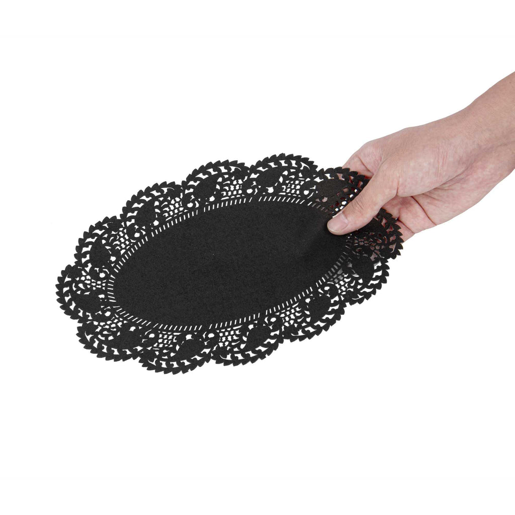 Pastry Tek Oval Black Paper Doilies - Lace - 10 1/2" x 6 1/2" - 100 count box