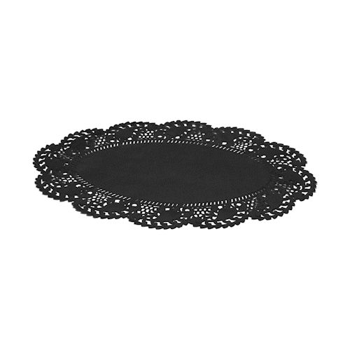 Pastry Tek Oval Black Paper Doilies - Lace - 10 1/2" x 6 1/2" - 100 count box