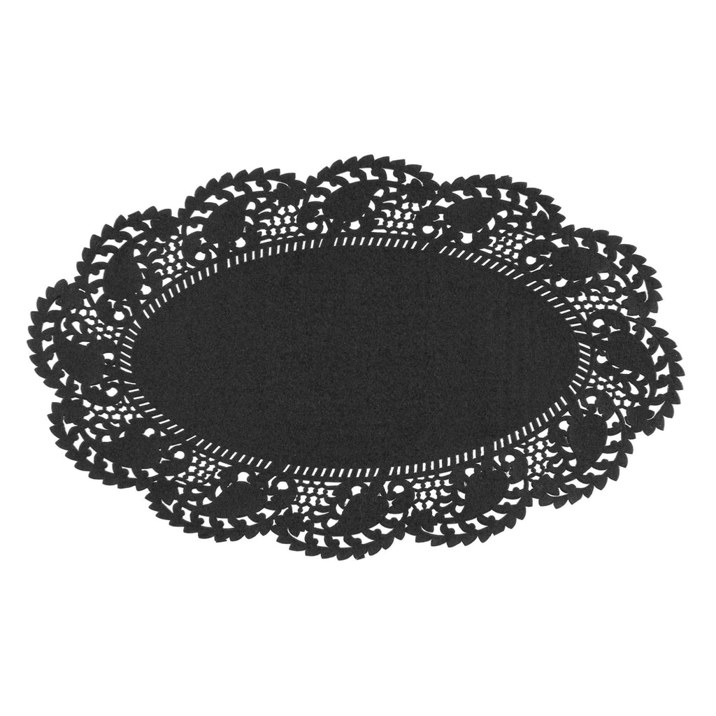 Pastry Tek Oval Black Paper Doilies - Lace - 10 1/2" x 6 1/2" - 4000 count box