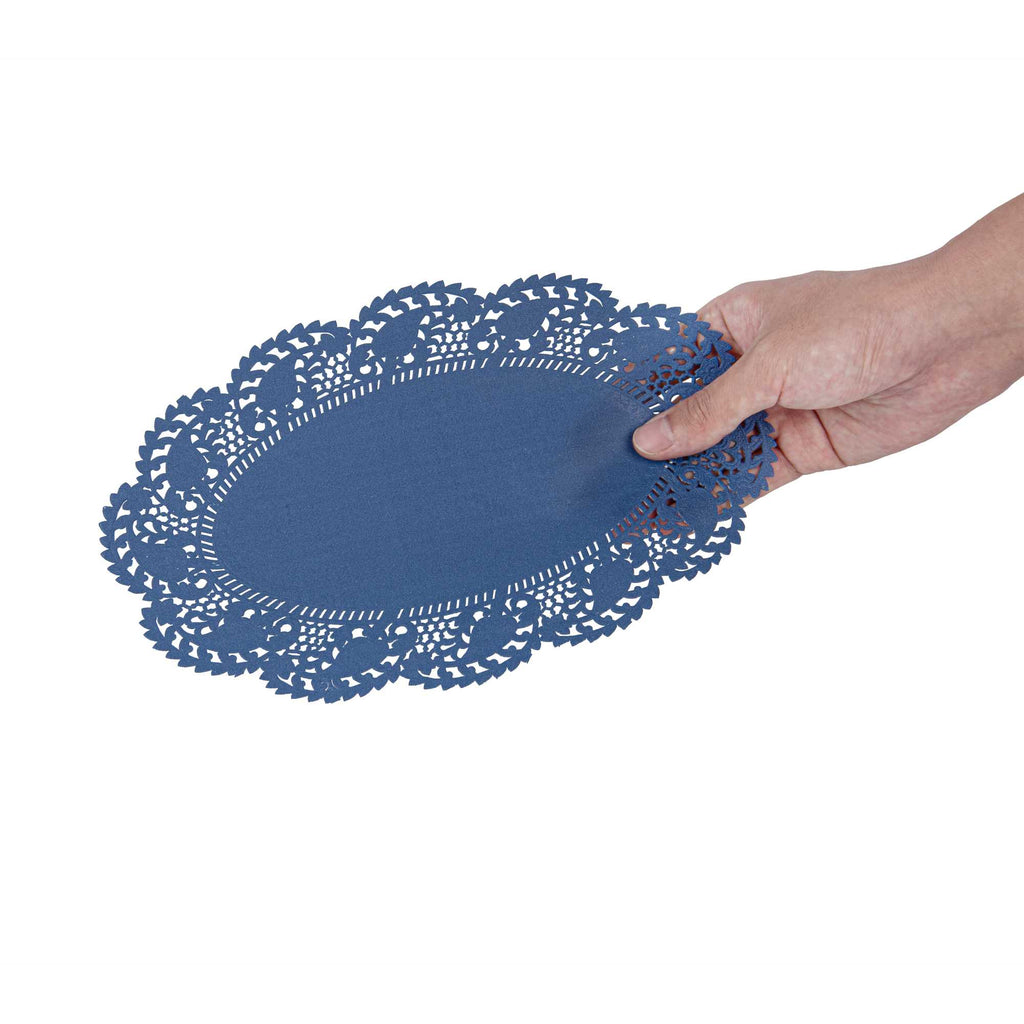 Pastry Tek Oval Navy Blue Paper Doilies - Lace - 10 1/2" x 6 1/2" - 100 count box