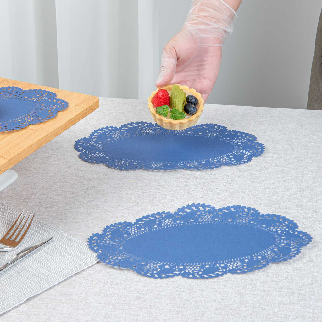 Pastry Tek Oval Navy Blue Paper Doilies - Lace - 10 1/2" x 6 1/2" - 100 count box