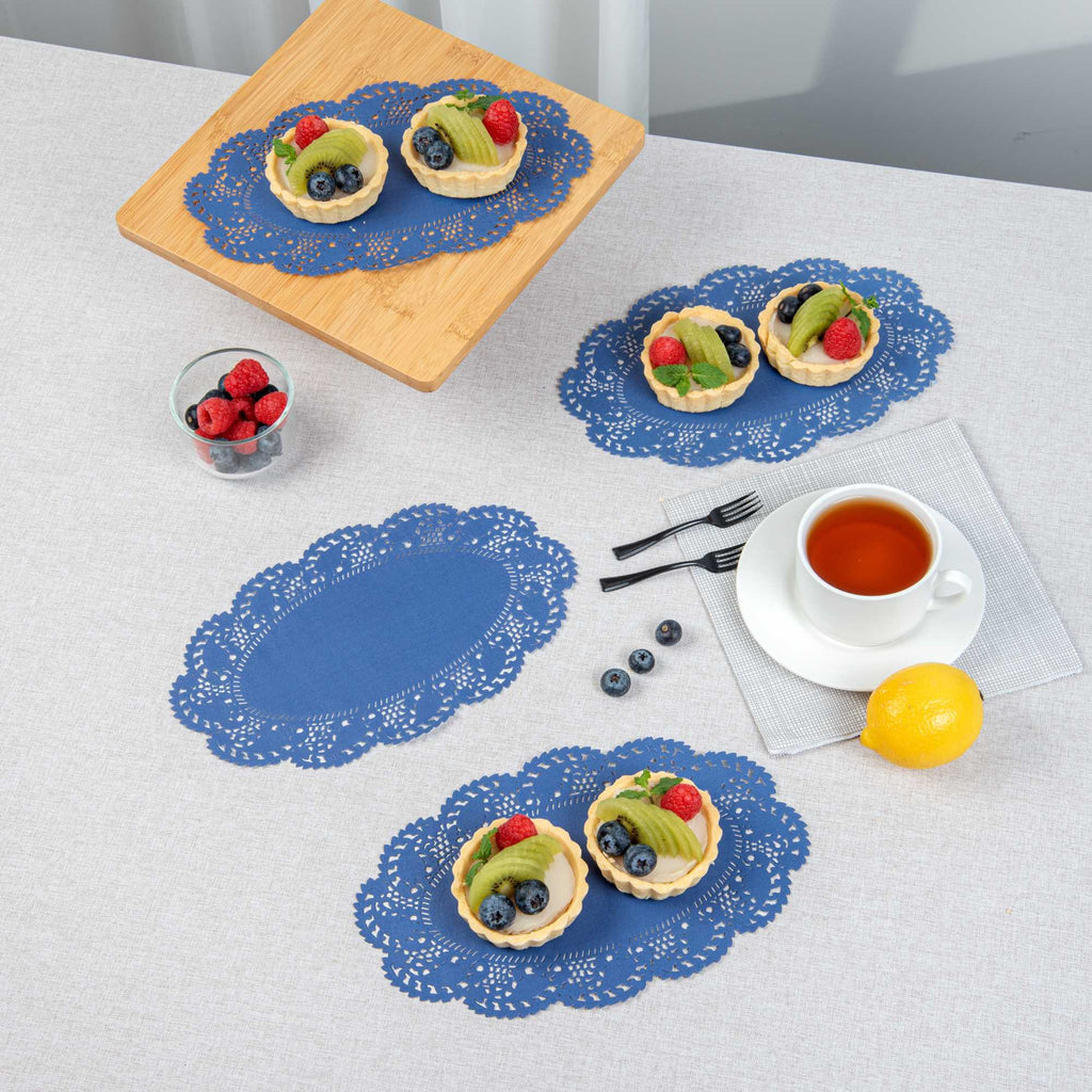 Pastry Tek Oval Navy Blue Paper Doilies - Lace - 10 1/2" x 6 1/2" - 100 count box