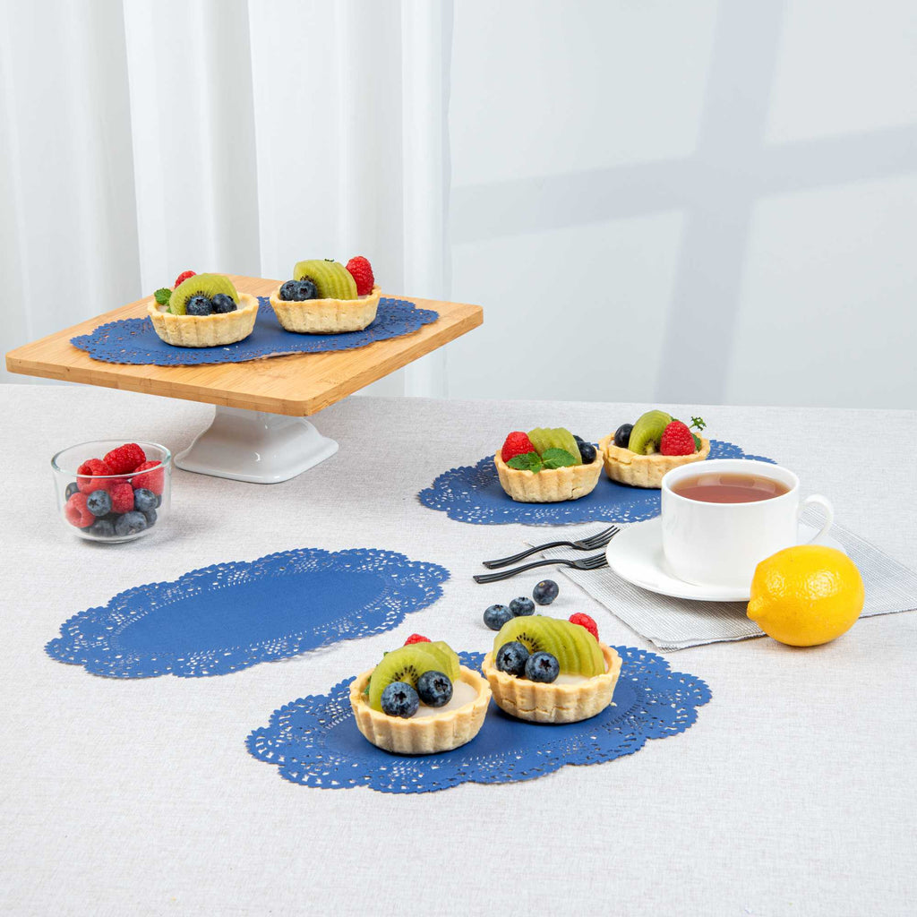 Pastry Tek Oval Navy Blue Paper Doilies - Lace - 10 1/2" x 6 1/2" - 4000 count box