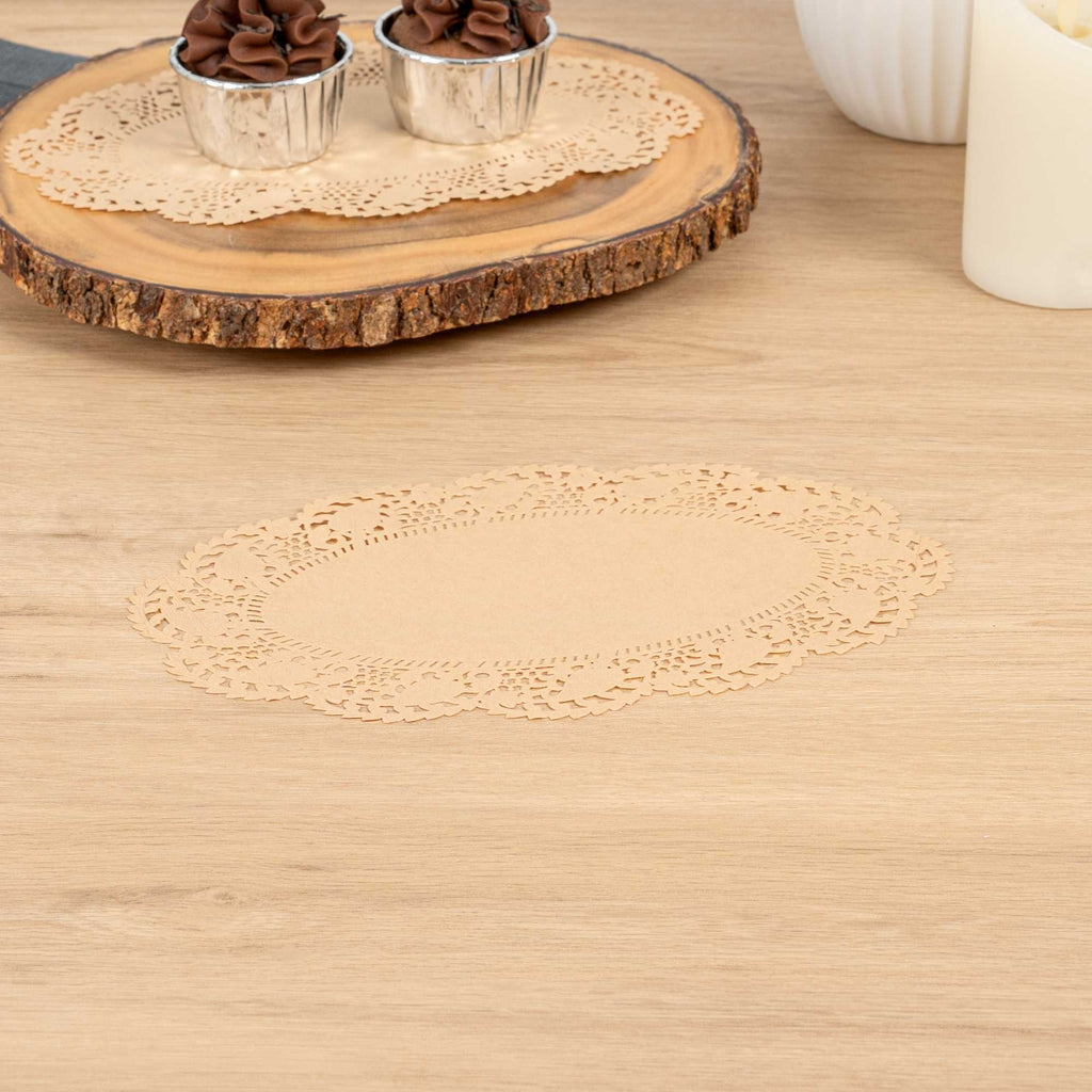 Pastry Tek Oval Kraft Paper Doilies - Lace - 10 1/2" x 6 1/2" - 100 count box