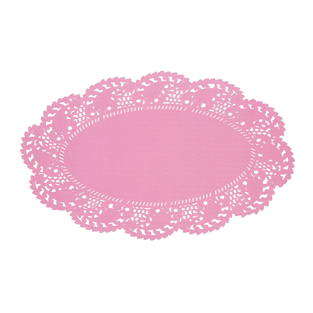 Pastry Tek Oval Pink Paper Doilies - Lace - 10 1/2" x 6 1/2" - 100 count box