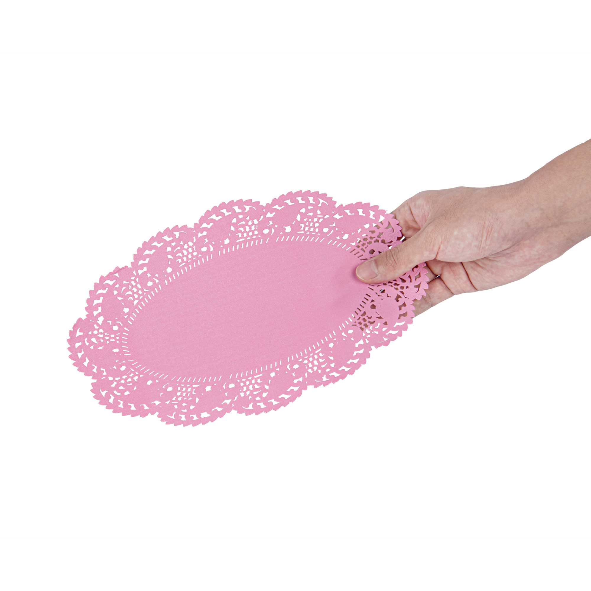 Pastry Tek Oval Pink Paper Doilies - Lace - 10 1/2" x 6 1/2" - 4000 count box
