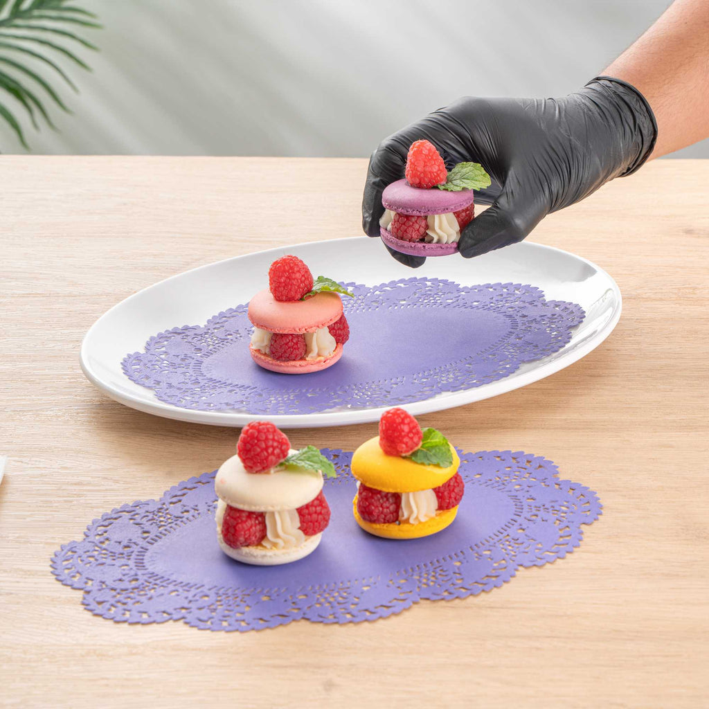Pastry Tek Oval Purple Paper Doilies - Lace - 10 1/2" x 6 1/2" - 100 count box