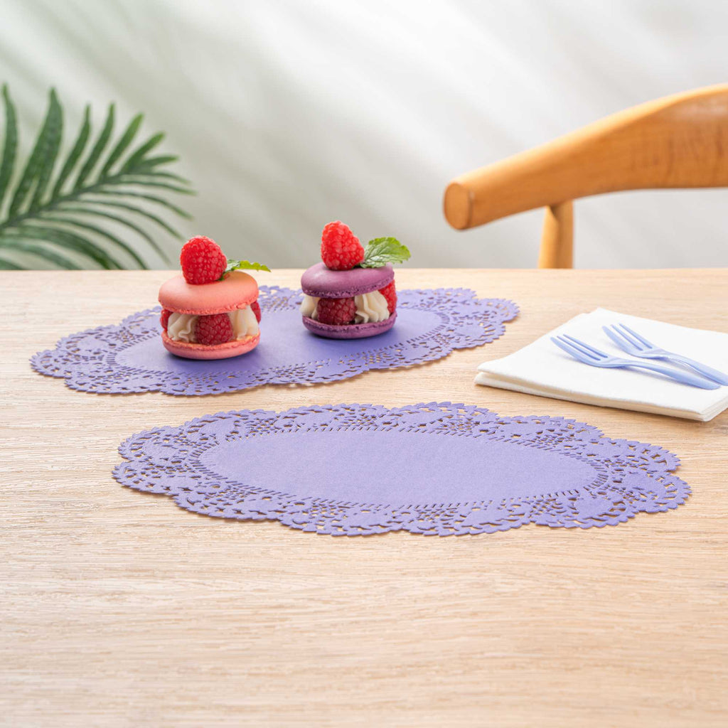 Pastry Tek Oval Purple Paper Doilies - Lace - 10 1/2" x 6 1/2" - 100 count box