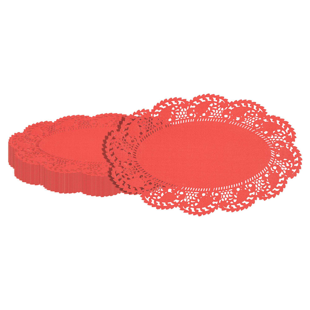 Pastry Tek Oval Red Paper Doilies - Lace - 10 1/2" x 6 1/2" - 100 count box