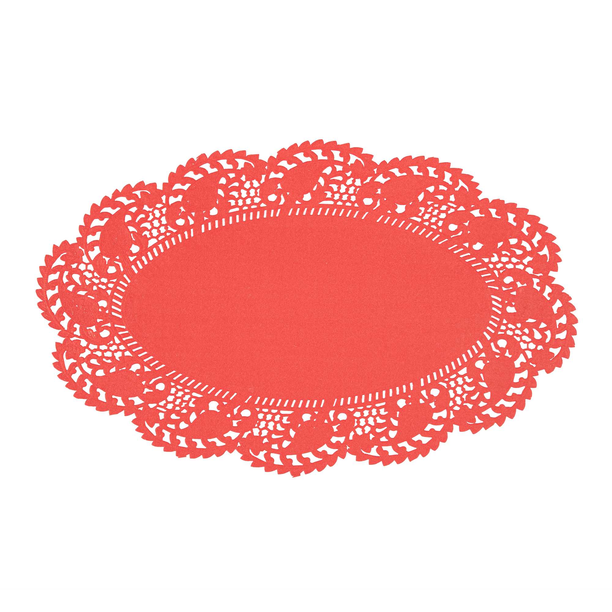 Pastry Tek Oval Red Paper Doilies - Lace - 10 1/2" x 6 1/2" - 100 count box