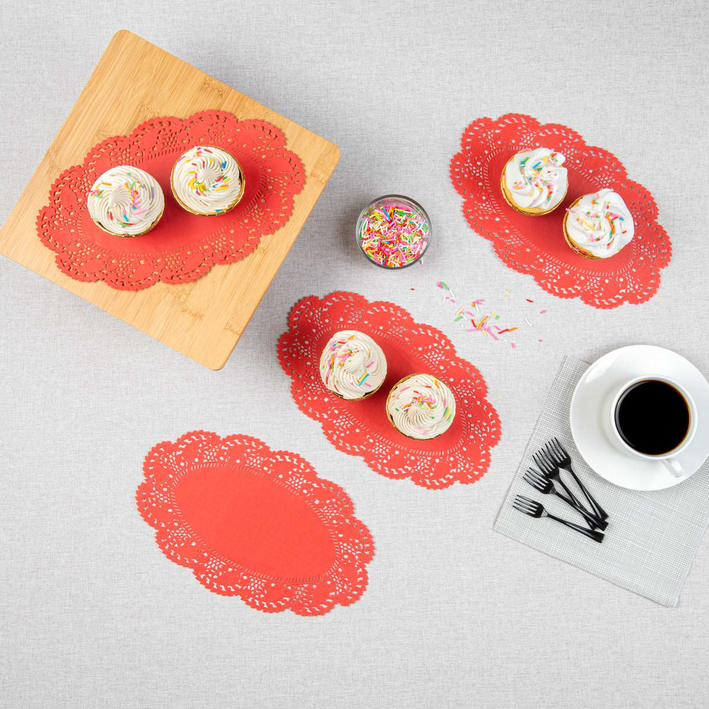 Pastry Tek Oval Red Paper Doilies - Lace - 10 1/2" x 6 1/2" - 100 count box
