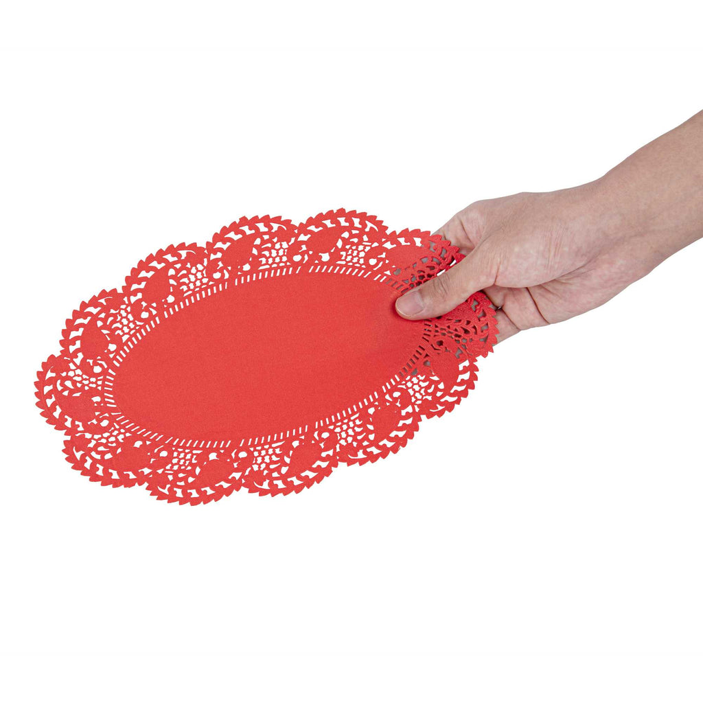 Pastry Tek Oval Red Paper Doilies - Lace - 10 1/2" x 6 1/2" - 4000 count box