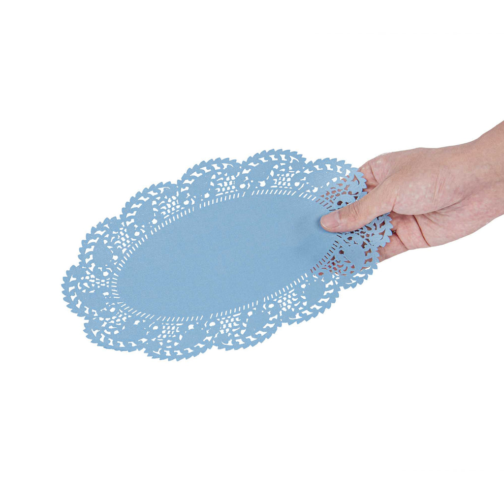 Pastry Tek Oval Sky Blue Paper Doilies - Lace - 10 1/2" x 6 1/2" - 100 count box