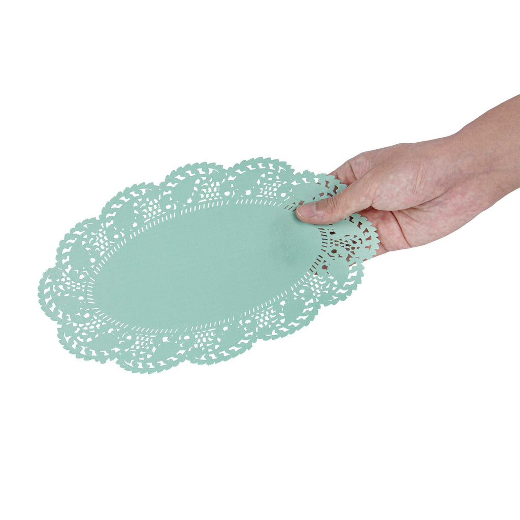 Pastry Tek Oval Teal Paper Doilies - Lace - 10 1/2" x 6 1/2" - 4000 count box