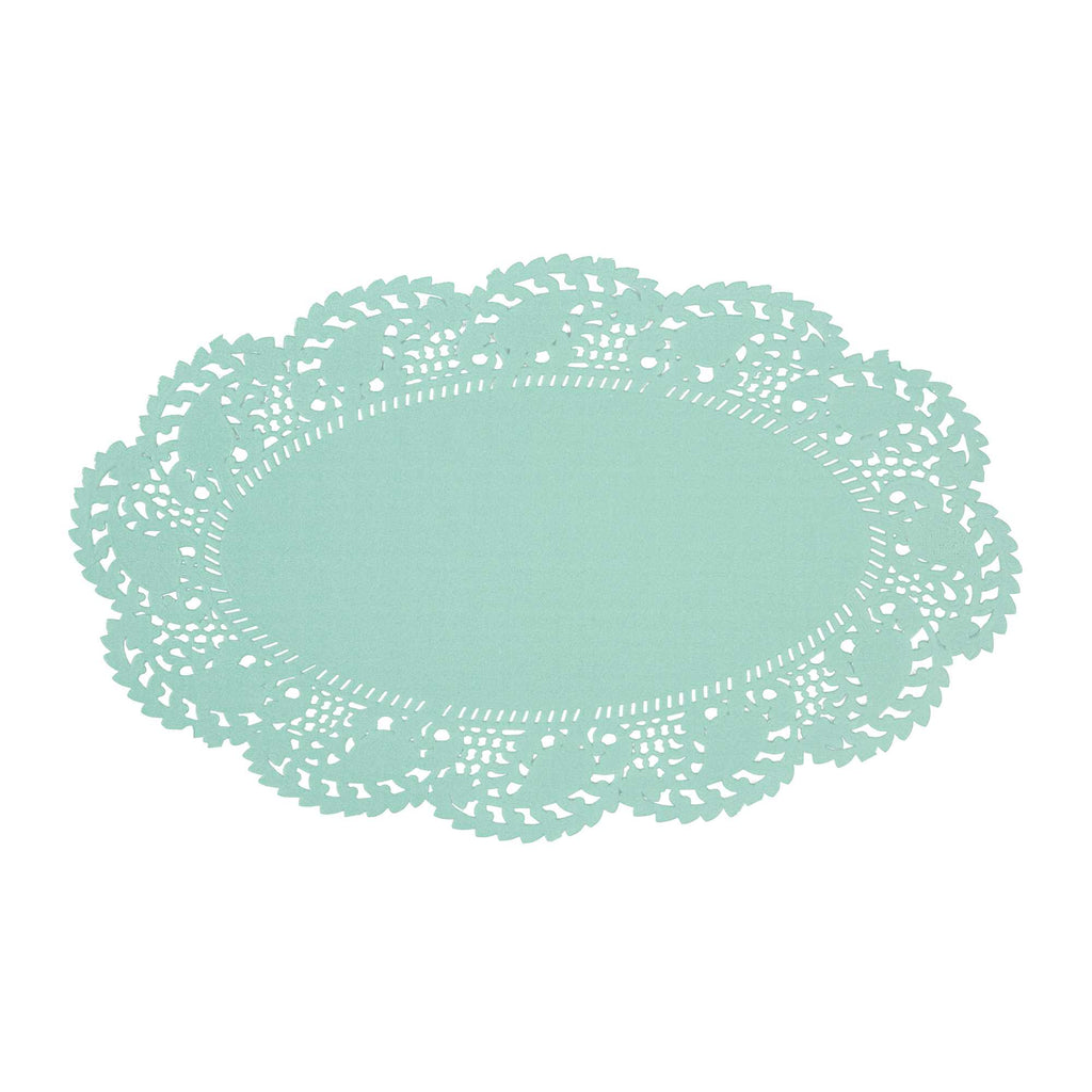 Pastry Tek Oval Teal Paper Doilies - Lace - 10 1/2" x 6 1/2" - 4000 count box