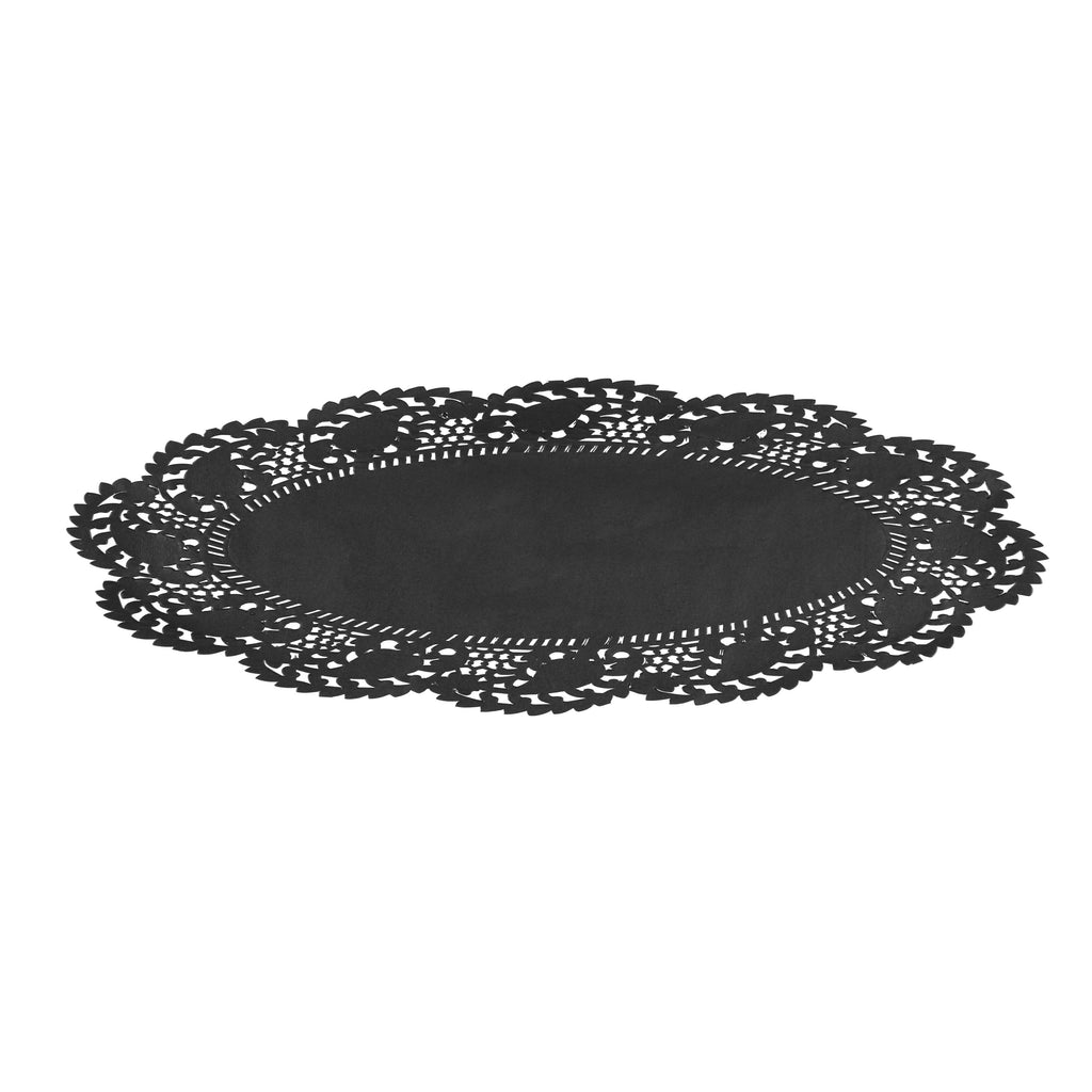 Pastry Tek Oval Black Paper Doilies - Lace - 12 1/2" x 8 1/2" - 100 count box