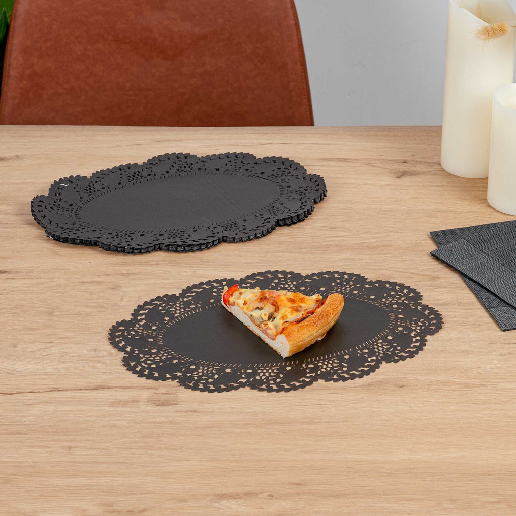 Pastry Tek Oval Black Paper Doilies - Lace - 12 1/2" x 8 1/2" - 100 count box
